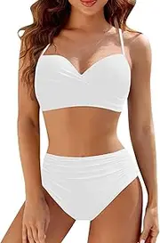 [Generic] Women High Waisted Bikini Sets Two Piece Swimsuit Push Up Twist Front Ruched Bathing Suit Solid Swimwear, White-c, Small