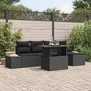 vidaXL 6 Piece Outdoor Patio Dining Set, Black Poly Rattan, Acacia Wood Frame, Storage Cushions for Backyard, Balcony