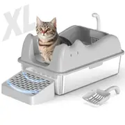 Oppsbuy XL Cat Litter Box with Stainless Steel Base, Litter Anti-Tracking Mat and Scoop, 60 cm x 40 cm x 30.5 cm, Grey