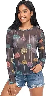 [AIXIWAWA] Women Long Sleeve Mesh Sheer Top Vivid Leaf, Sexy See-Through Blouse for Party Evening Wear S