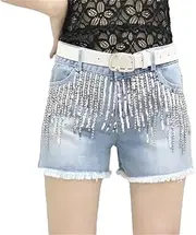 [Bciopll] Women's Denim Shorts Sequins Tassels Chain Casual Fashion Pockets Short Jeans Pants