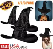 3× Women Black Ruched Witch Wizard Hat Fancy Dress Halloween Costume Accessor US