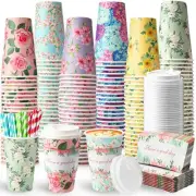 48 Set 16oz Floral Paper Coffee Cups with Sleeves, Lids and Straws Disposable...