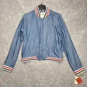 VTG Mossimo Jacket Women's LG Denim Blue Varsity Bomber Ribbed Hem 100% Lyocell