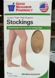 GNP Unisex Thigh High Support Stockings, 20-30mmHg (Size: M) Beige (Stay-Top Ban