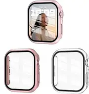 3 Pack Case Compatible with Apple Watch Series 8/7 41mm with Tempered Glass Screen Protector, EWUONU Hard PC Full Coverage Ultra-Thin HD Bumper Protective Cover for iWatch 41mm, Rose Gold/Pink/Clear