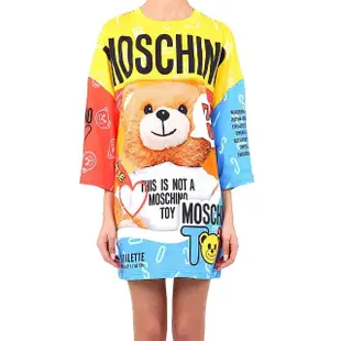 【MOSCHINO】熊熊圖案七分袖長版洋裝(黃色拼藍紅)