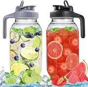 2 Pack Glass Water Jugs with Lid and Spout, 64oz 1900ML Wide Mouth Mason Jar Pitcher, Leak-Proof Homemade Juice Bottle for Iced Tea Coffee Milk and Drinks