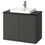 HAVBÄCK / ORRSJÖN wash-stnd w doors/wash-basin/tap, dark grey/black marble effect, 82x49x71 cm