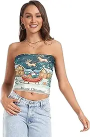 [RPLIFE] Christmas Scene Santa Claus Sleigh Womens Crop Tube Top Strapless Cami, Mesh Tube Tops, Tube Tops Summer (S)
