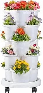 5-Tier Stackable Vertical Garden Planter with Wheels, Self-Watering Design for Strawberries, Herbs, Flowers, and Vegetables – White