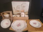 NEW IN BOX 16 Piece Rosa Thomson Pottery Pink Rose Pattern Stonewear Set
