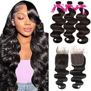 Flady Hair Weave Bundle with Closure 100% Unprocessed Brazilian Virgin Human Hair Bundles with Closure Body Wave 3 Bundles with Closure Human Hair Extensions(18 20 22+16) Natural Color