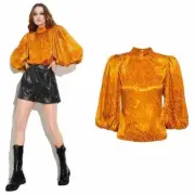 NWT alice + olivia Annabelle Pleated Autumn Gold Puff Sleeves Mock Neck Top S/P