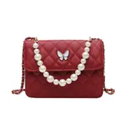 Fashion Lattice Pattern Crossbody Bag Women Butterfly PU Leather Pearl Flap Shoulder Messenger Handbags Casual Phone Pouch