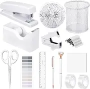 Office Supplies,Desk Accessories, Stapler and Tape Dispenser Set for Women with Stapler, Tape Dispenser, Staple Remover, Staples, Clips, Scissor and Tabs,Gift for Students, Coworkers
