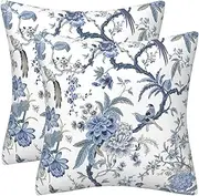 DILOXNSU Set of 2 Cushion Covers 45 x 45 Double-Sided Blue Birds Flower Velvet Modern Chinoiserie Decorative Square 18 x 18 Inches Pillow Cover for Sofa Livingroom Bed Couch Cushions Cases