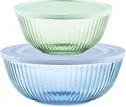 Pyrex Sculpted Tinted 4-PC, Medium/Large Glass Mixing Bowls with Lids, Nesting Space Saving Set of Bowls for Prepping and Baking, 2.3QT & 4.5QT