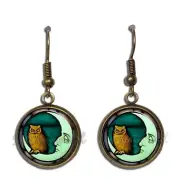 Halloween Owl on Moon - Handmade Resin Dangling Earrings ANTIQUE BRONZE