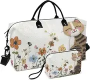 [YXYZRMY] Travel Duffel Bag Cat Floral Art White Gym Bag Sports Tote Bag with Multiple Interior Pockets Shoulder Weekender Bag for Women Men with Toiletry Bag 20.5”x 7.9”x 13.8, Multi-Colored, one size