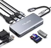 Falwedi USB C Hub, Type C Adapter, 10-in-1 Dongle with Ethernet, 4K@30Hz HDMI, VGA, 3 USB3.0, SD/TF Card Reader, Audio, USB-C PD 3.0, Compatible for MacBook Air Pro and Other Type C Laptops