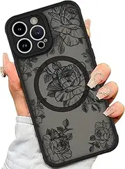 ELEPIK Black Floral Series for iPhone 13 Pro Max Case, [Compatible with MagSafe] [Military Shockproof Protection] Flower Pattern Design Phone Case for Women Girls Slim Magnetic Cover, Black Rose
