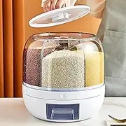 Alvinlite Rice and Grain Storage Container, 22lb 360° Rotating Grain Dry Food Dispenser 6 Grids Round Cereal Tank Dispenser One-Click Output Grain Dispenser Rice Storage for Lentils Beans