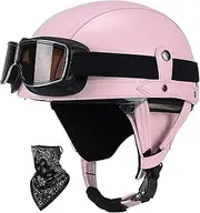 Half Shell Helmet Leather Motorbike Helmet Vintage Open Face Helmet Half Helmet with Goggles Fit Adult Men Women Cruiser Motorcycle DOT/ECE Approved