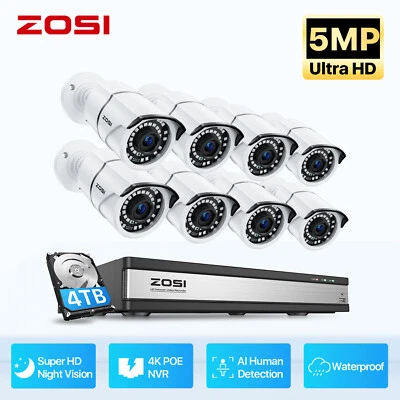 ZOSI 4K H.265+16CH NVR 5MP IP Home POE Security Camera System 4TB Outdoor Record