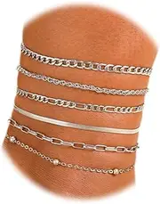 [ZMJK] Adjustable Waterproof Layered Anklets Bracelets for Women Summer Beach Jewelry Cuban Link Chain Anklets Set Herringbone Paperclip Beaded Snake Chain ​Stackable Anklet Bracelet