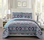 Rustic Western Southwestern Native American 3 Piece Oversized King/California King Size Quilt Set in Beige Taupe Brown Turquoise and Navy Blue Colors - Bedspread Set (San Antonio King/Cal King)