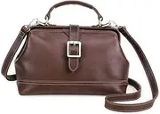 [CONTACTS] Doctor Bag for Women Full Grain Leather Top Handle Purse Satchel Handbag Shoulder Bag Vintage Tote Bag with Metal Clasp Frame Opening, Red Brown