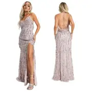 River Island Maxi Slip Dress Embellished Sequins Slit Pink Chiffon Lined Size 14