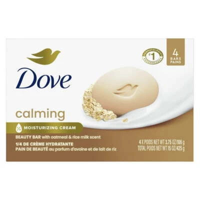 Dove Beauty Bar Soap for Women Calming Oatmeal & Rice Milk All Ski, 3.75oz 4 Bar