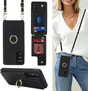 [Lipvina] for Samsung Galaxy S20 Case with Card Holder and Strap for Women,Crossbody Lanyard,Ring Stand,Snap Clasp,Phone Wallet Cases 6.2 inch(Black)