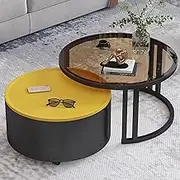 EKDJSN Round Coffee Table Set of 2, Hidden Storage Nesting Table, Stacking Side Tables with Semi-Circular Deep Steel Frame Legs, for Living Room, Bedroom, Office(Black+Yellow)