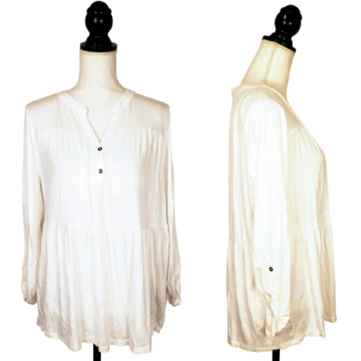 NWT LANE BRYANT Top, White Rayon Long Sleeve Solid Buttons Casual Flowy, 10/12