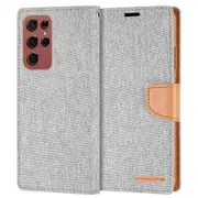 Goospery Canvas Samsung Galaxy S22 Ultra Wallet Leather Case Denim Stand Flip Fabric Pouch Credit Card Slots Cover - Grey