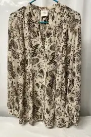 Knox Rose Top Womens XL Tan Brown Floral Paisley Sheer Button Front Boho Pintuck