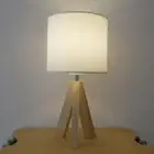 Modern Tripod Table Lamp with Wooden Base, White Fabric Shade, Bedside Desk L...