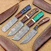 4 Pcs Damascus Blade Skinner Knives Set | 8" | Hard Wood, Leather Sheath IT-910