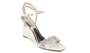 Badgley Mischka Jenna Crystal Embellished Evening Wedge Sandals, White Satin