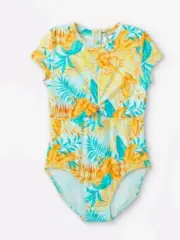 NWT Girls' Leaf Print Short Sleeve Back-Zip One Piece Swimsuit Guard By Art Clas