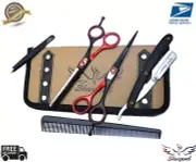 6" New Professional Barber Hairdressing Scissors Set Red &Black Razor Kit