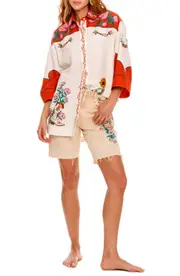 Agua Bendita Chrissy Nopal Embroidered Cover-Up Button-Up Shirt in Ivory at Nordstrom, Size Small
