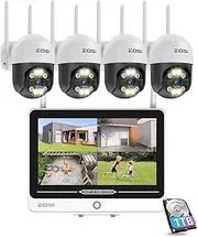 ZOSI 2K 8CH All in one PTZ Wireless Security Camera System with 12.5" LCD Monitor,4Pcs 3MP Outdoor Indoor Pan/Tilt Cameras with 2 Way Audio,Night Vision,Human Detection,1TB HDD for Home 24/7 Recording