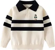 [Rngeddg] Toddler Kid's Color Block Printed Pullover Cartoon Embroidery Sweater Collar Ribbed Knitted Tops Knitwear