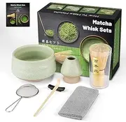 7pcs Matcha Kit Japanese Ceremony, Matcha Whisk Set, Matcha Gift Set for Tea Ceremony, Can Also Be Given as a Gift to Friends or Colleagues (Open Grey-Green, Bamboo Brush)