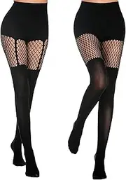 [Plipdhy] 2 Pcs Women's Fishnet Tights,Suspender Tight,Women's Suspender Opaque Fishnet Stockings Thigh High Mesh Fishnets Stocking Tights(Black), Black, One Size