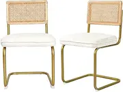 CangLong Rattan Dining Chairs Set of 2, Modern Kitchen Chairs with Natural Mesh Rattan Backrest & Solid Thick Metal Legs, Upholstered Fleece Armless Side Chairs for Living Room, Study, Cream